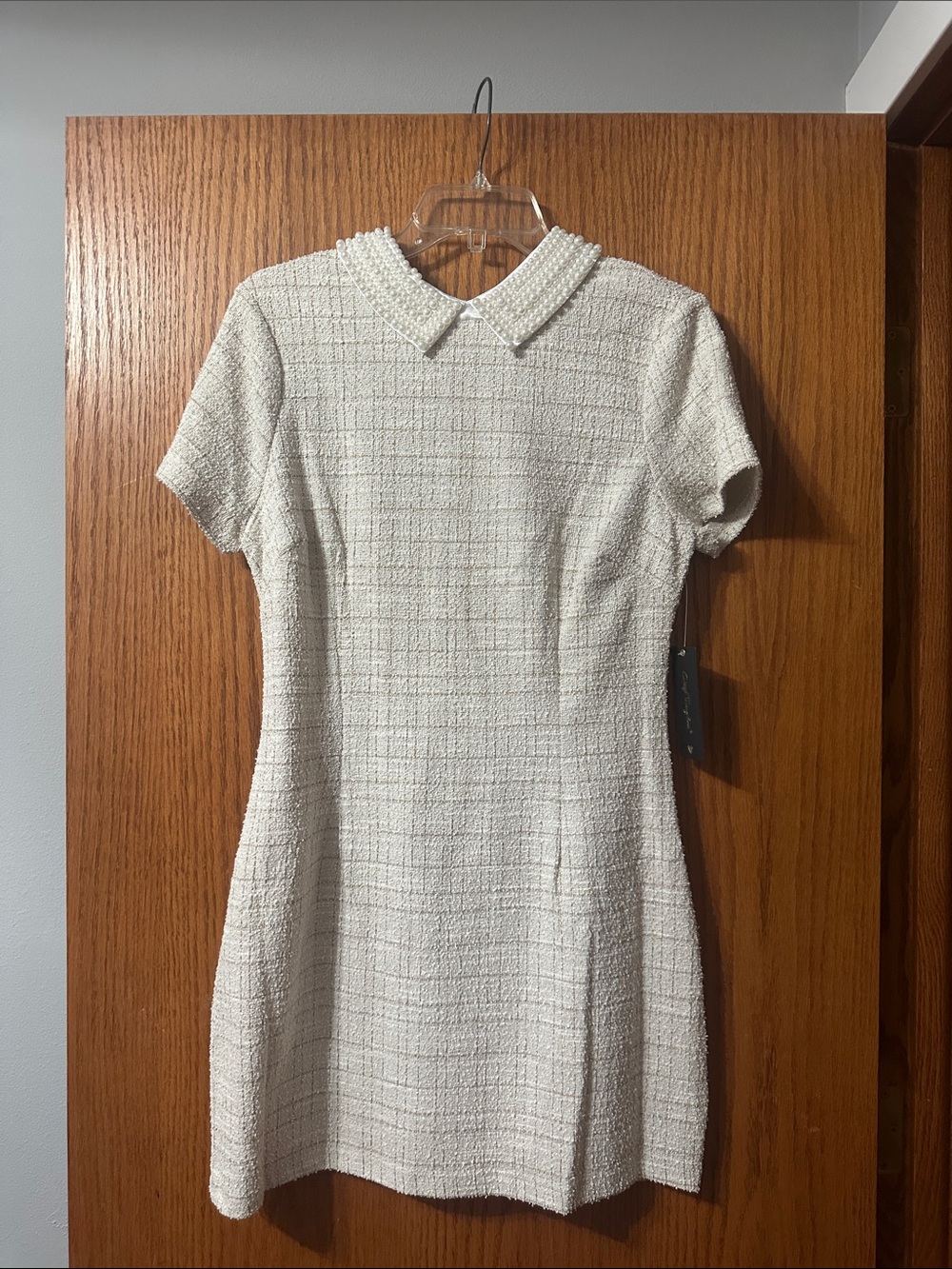 City Triangles Cream Tweed Short-Sleeve Dress with Pearl Collar